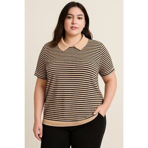 Zero 2 Eight Striped Collared Blouse Women’s XL Tan Black Short Sleeve 21.5” Bus